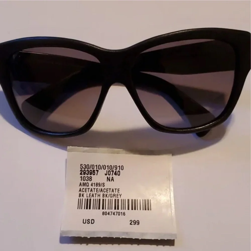 Alexander McQueen Black Leather Wayfarer Sunglasses Grey Lens w/ Case